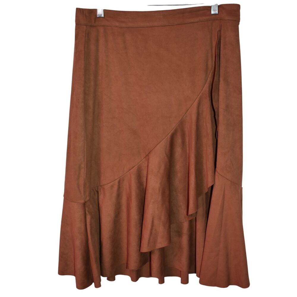 Soft Surroundings Faux Suede Midi Skirt Ruffled Tier Brown Western Sz M Petite